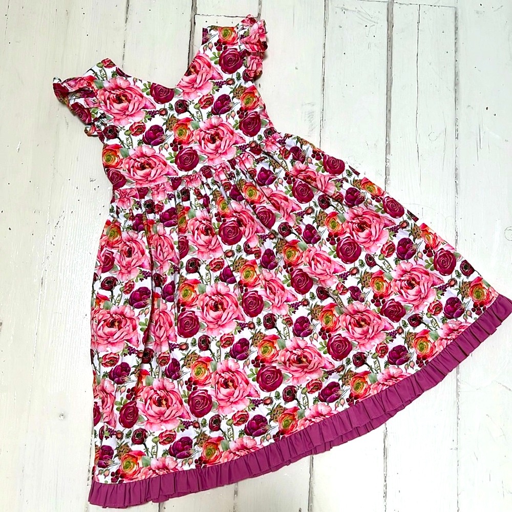 Handmade Floral Print Dress w Peekaboo Back and Bow 7Y
